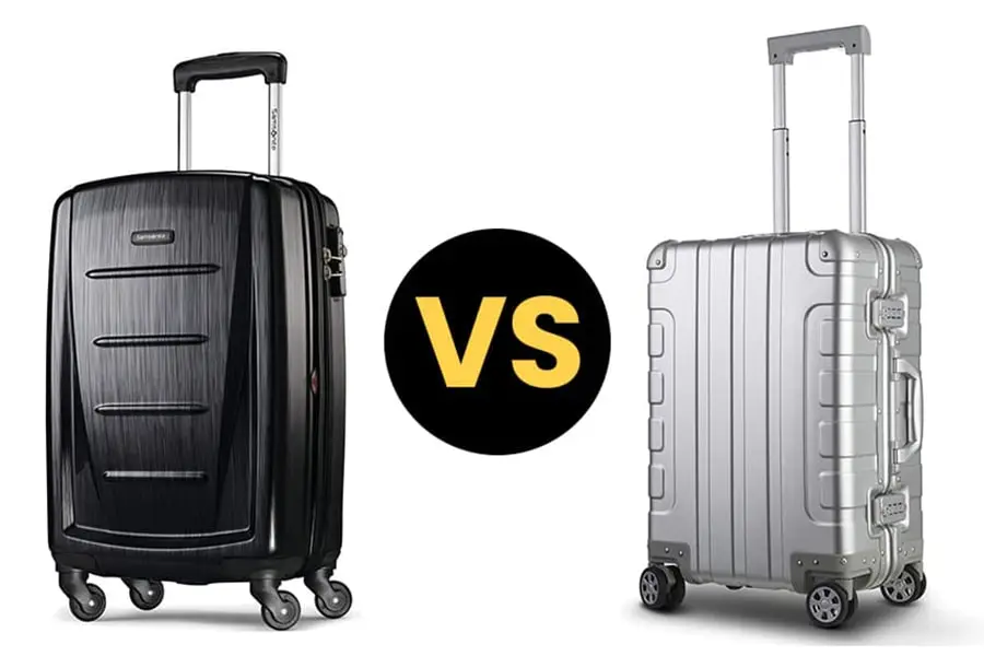 An image comparing polycarbonate and aluminum luggage | luggagelovers.com