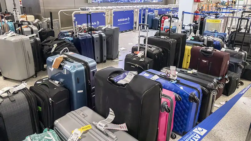 A collection of most widely used luggage color at the airport. These colors include black grey blue brown.