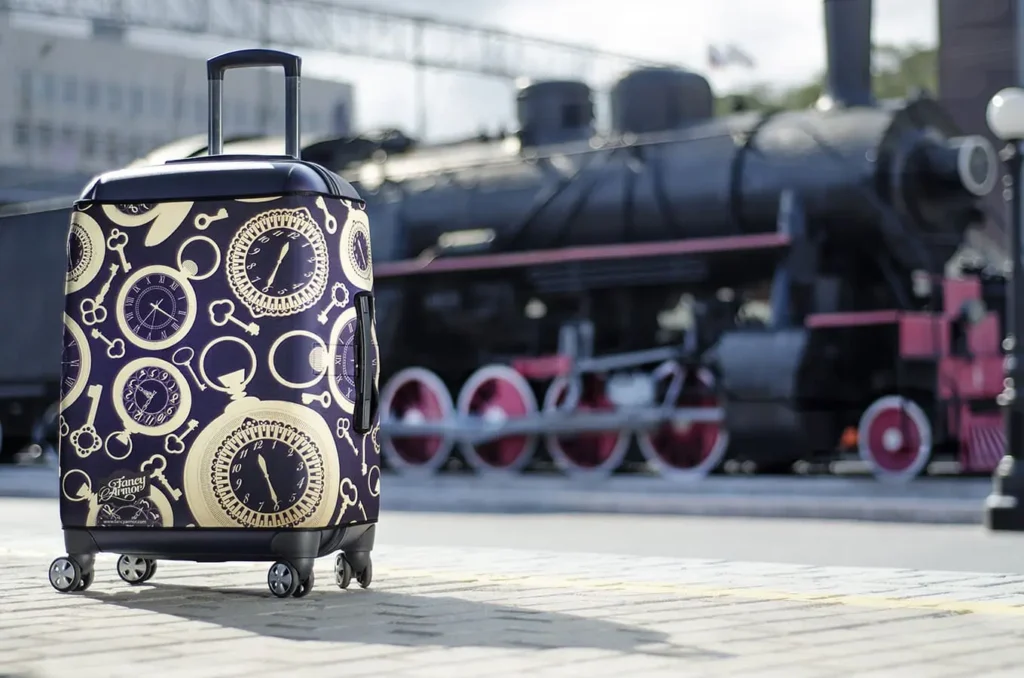 a black suitcase having a unique luggage cover making the luggage easy to identify.