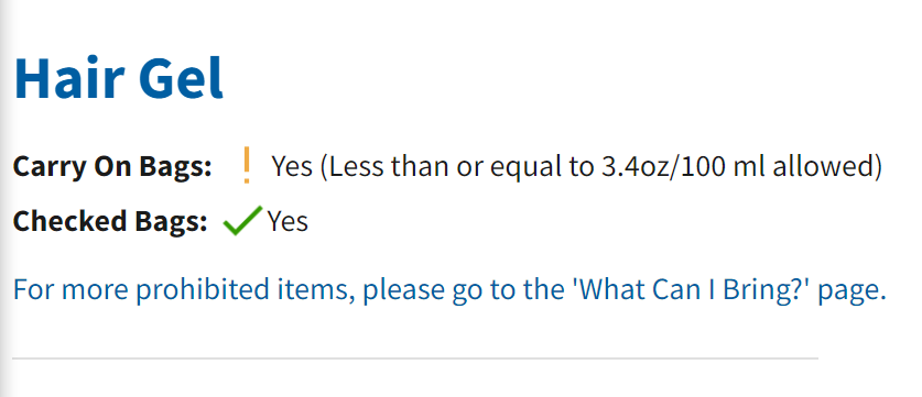 TSA official guideline about bringing hair gel on planes