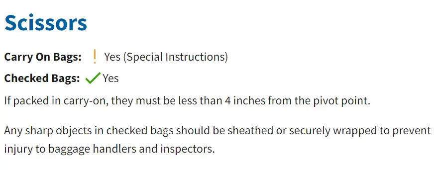 tsa guideline about Scissors